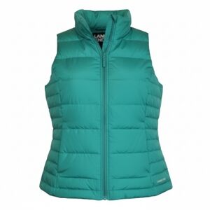 Lands End Teal Green Down Filled Puffer Vest Zip Front Size M Snap Pockets Warm